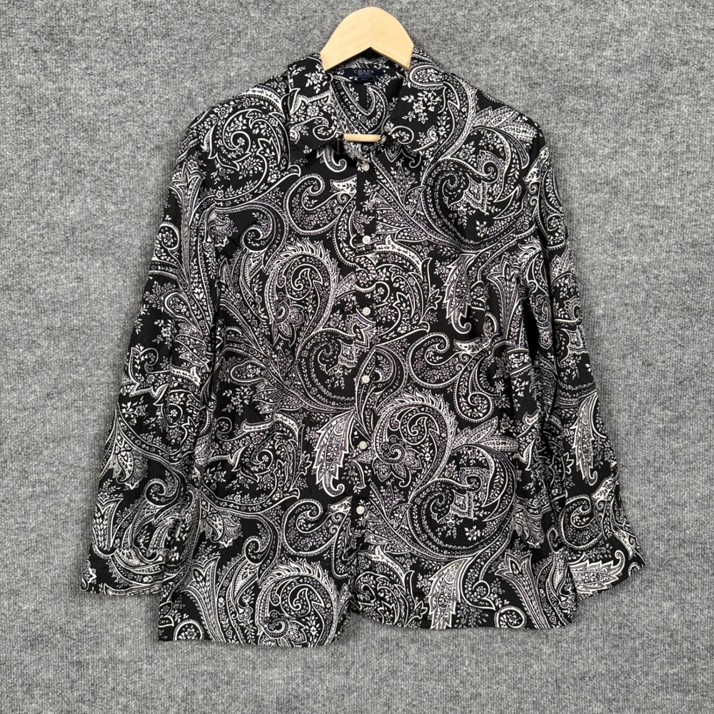 Chaps Womens Plus Sz 1X Shirt Blouse Black Cotton Paisley Button Up Long Sleeves